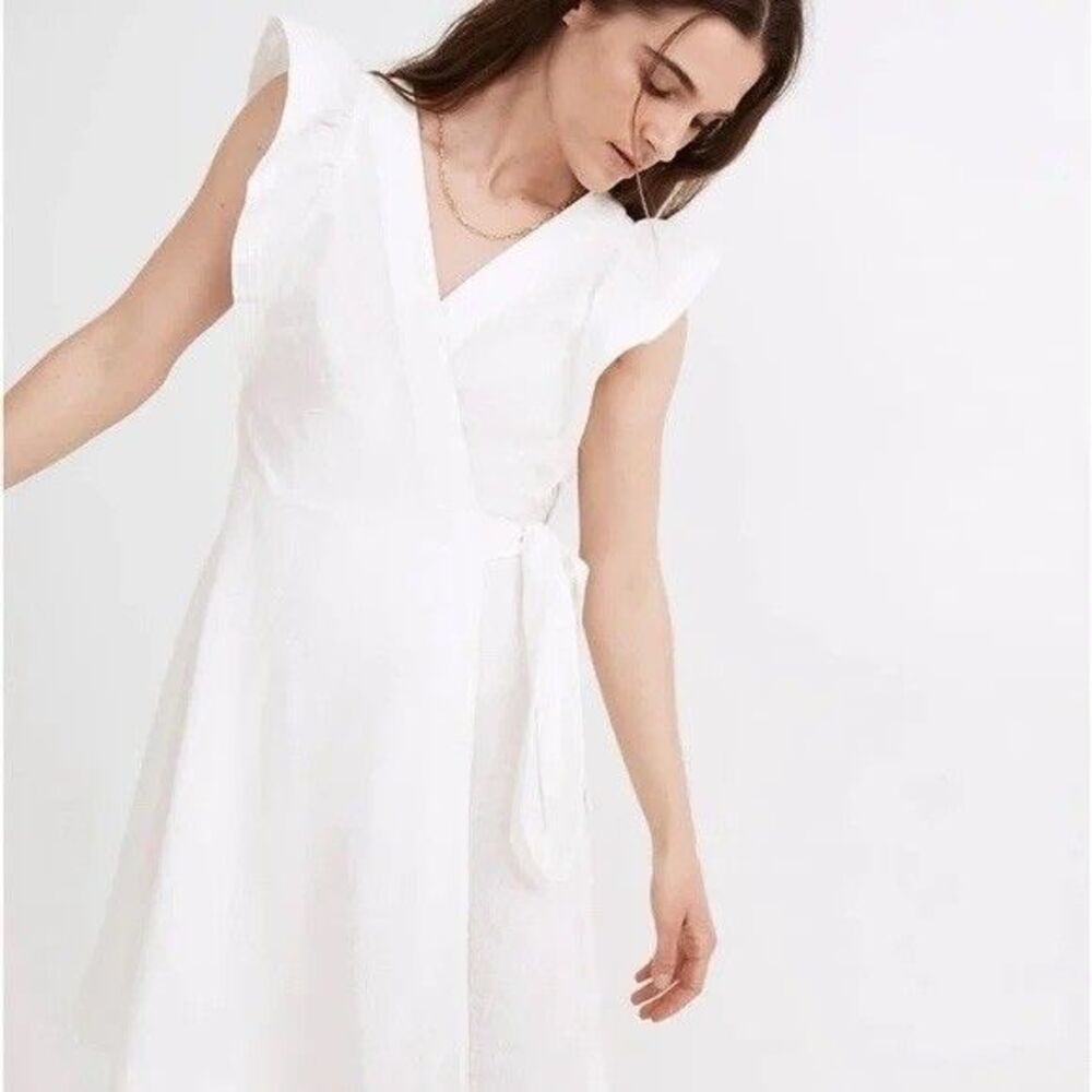 MADEWELL Women's Ruffle Sleeve Wrap Mini Dress White MC976 Size Small A1